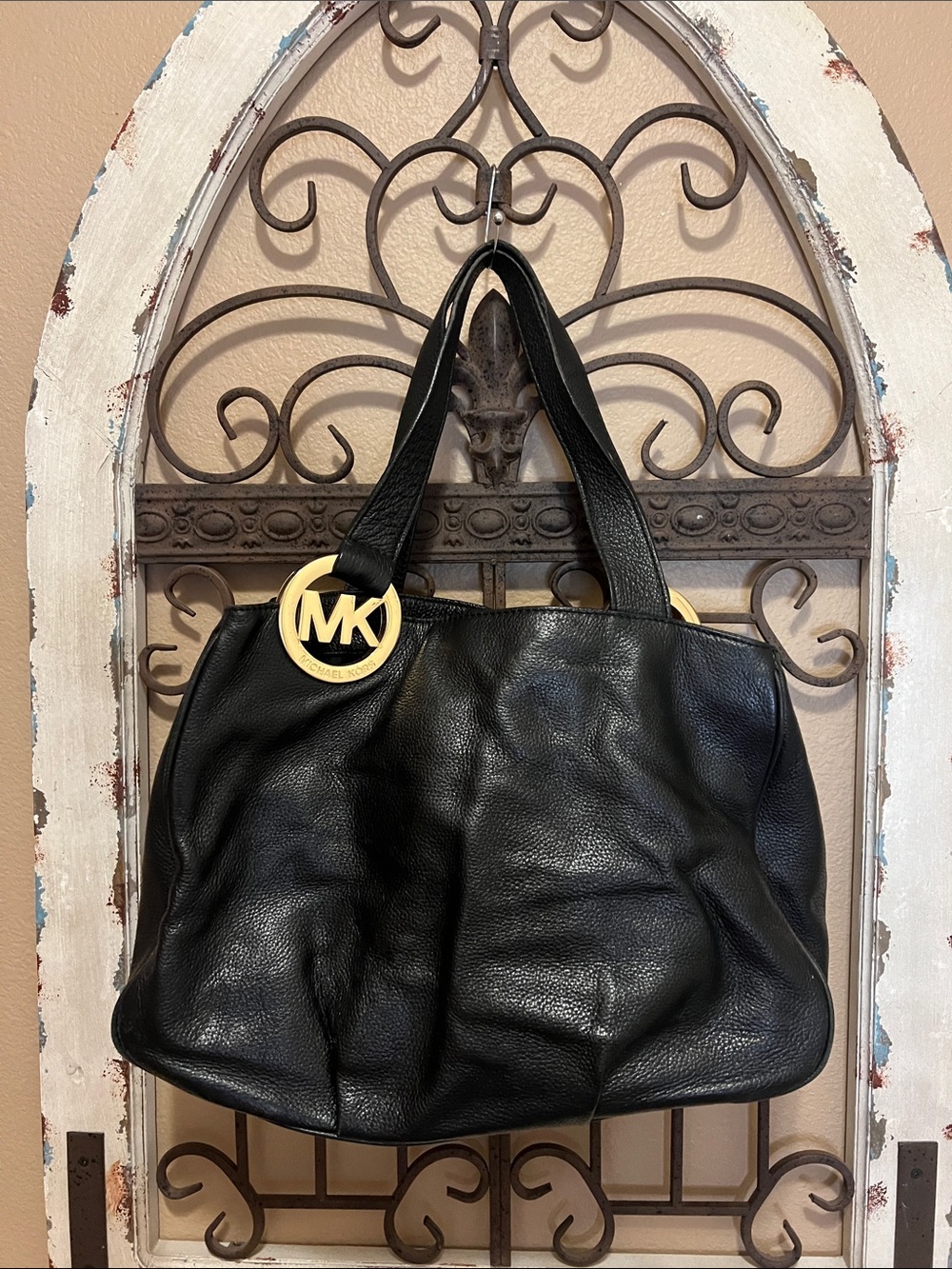 Michael Kors Black Leather Shoulder Tote with Gold MK Emblems